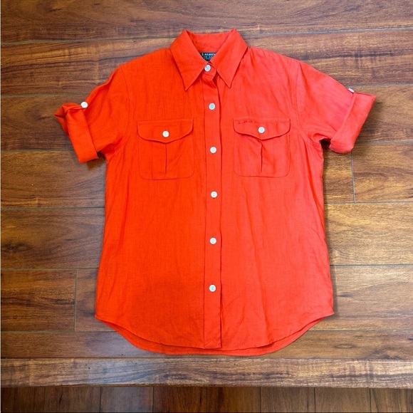 Lauren Ralph Lauren Petite Red Linen Short Sleeve Button Down Shirt - Picture 7 of 12